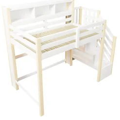 ModernLuxe Lit mezzanine 90x200cm avec LED - avec échelle de rangement - compartiments de rangement - Blanc + Naturel (sans matelas) Best