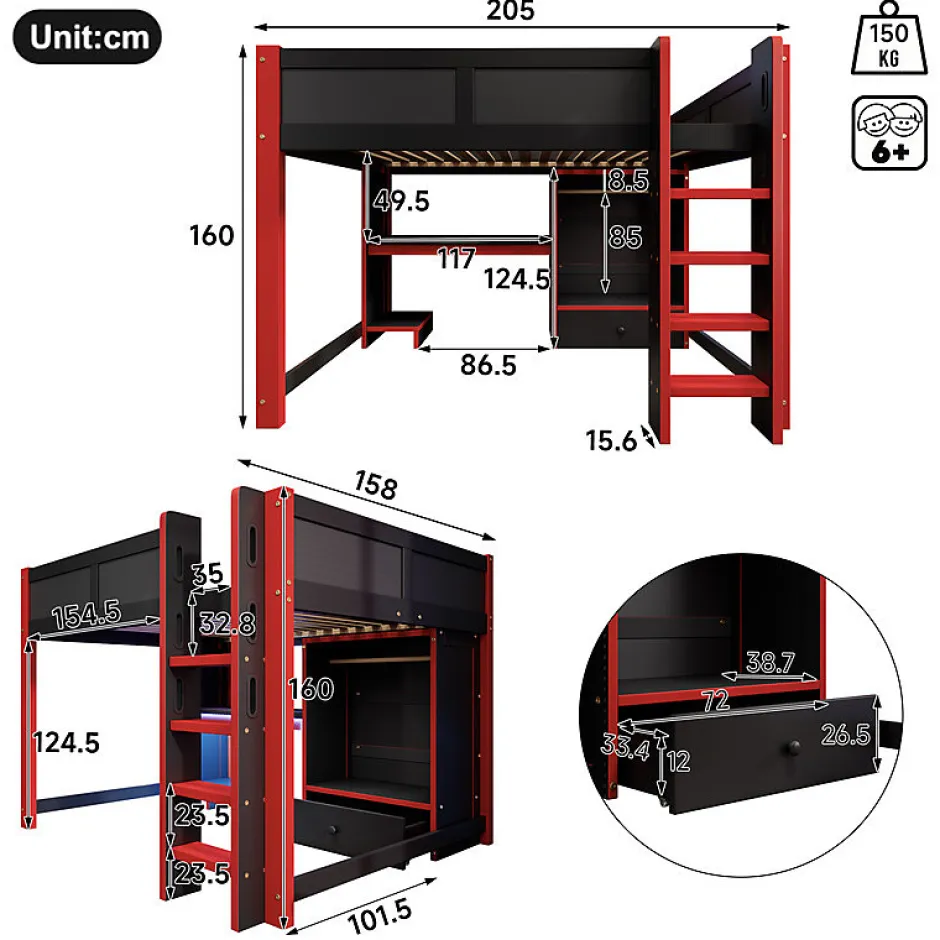 ModernLuxe Lit mezzanine 140x200cm avec LED - avec bureau - avec échelle et armoire - avec 1 tiroir - noir + rouge (matelas non inclus) Outlet