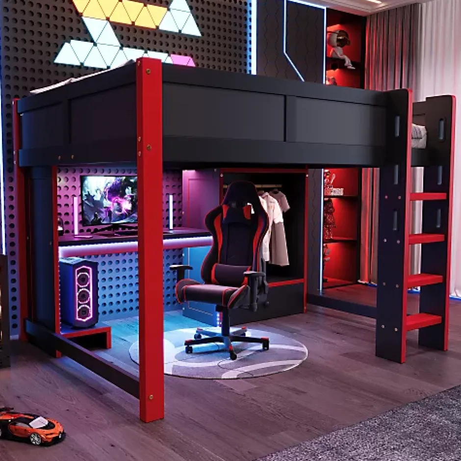 ModernLuxe Lit mezzanine 140x200cm avec LED - avec bureau - avec échelle et armoire - avec 1 tiroir - noir + rouge (matelas non inclus) Outlet