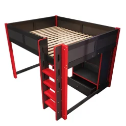 ModernLuxe Lit mezzanine 140x200cm avec LED - avec bureau - avec échelle et armoire - avec 1 tiroir - noir + rouge (matelas non inclus) Outlet