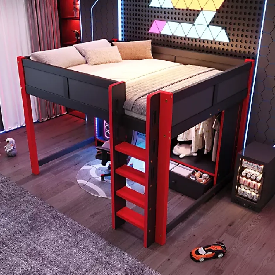 ModernLuxe Lit mezzanine 140x200cm avec LED - avec bureau - avec échelle et armoire - avec 1 tiroir - noir + rouge (matelas non inclus) Outlet