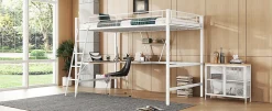 Simple Life Lit mezzanine 90x200cm blanc avec bureau en L et étagère, structure en métal, sans matelas