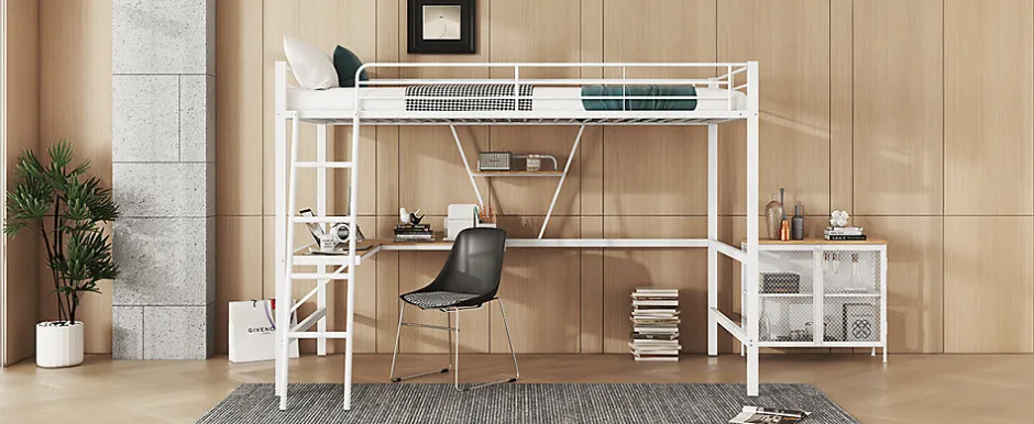 Simple Life Lit mezzanine 90x200cm blanc avec bureau en L et étagère, structure en métal, sans matelas