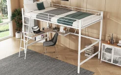 Simple Life Lit mezzanine 90x200cm blanc avec bureau en L et étagère, structure en métal, sans matelas
