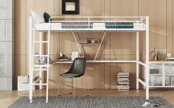 Simple Life Lit mezzanine 90x200cm blanc avec bureau en L et étagère, structure en métal, sans matelas