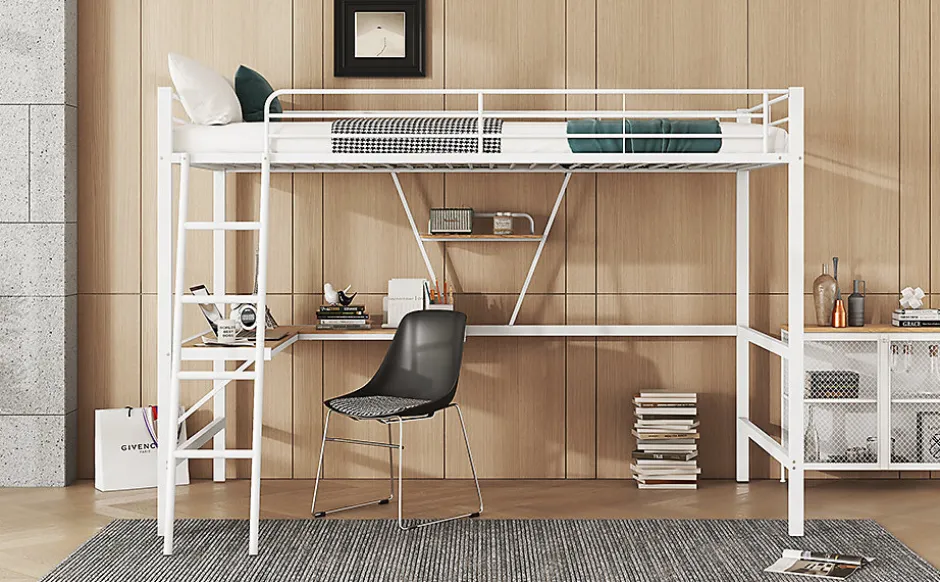 Simple Life Lit mezzanine 90x200cm blanc avec bureau en L et étagère, structure en métal, sans matelas