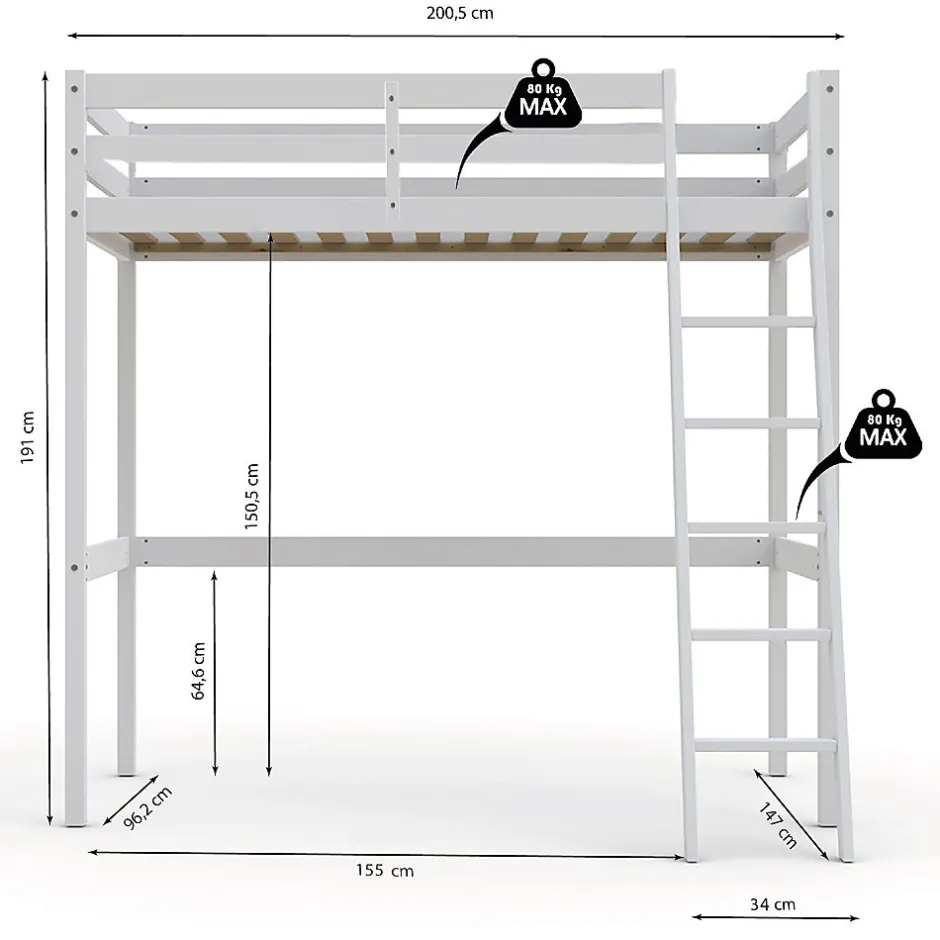 Bb Loisir Lit Mezzanine 90x190cm blanc SALA avec incl. Sommier et échelle