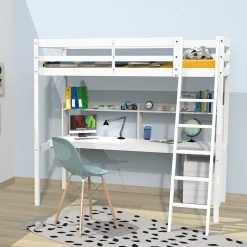 Bb Loisir Lit Mezzanine 90x190cm blanc SALA avec Bureau et commode incl. Sommier et échelle