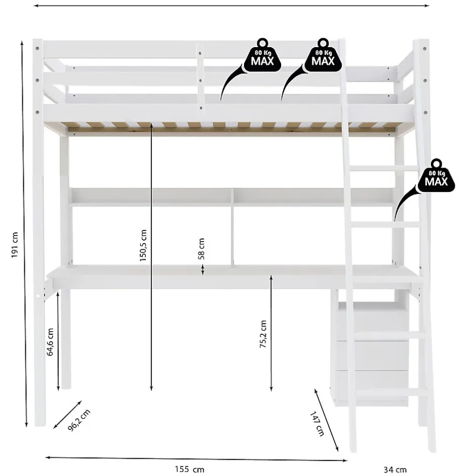 Bb Loisir Lit Mezzanine 90x190cm blanc SALA avec Bureau et commode incl. Sommier et échelle