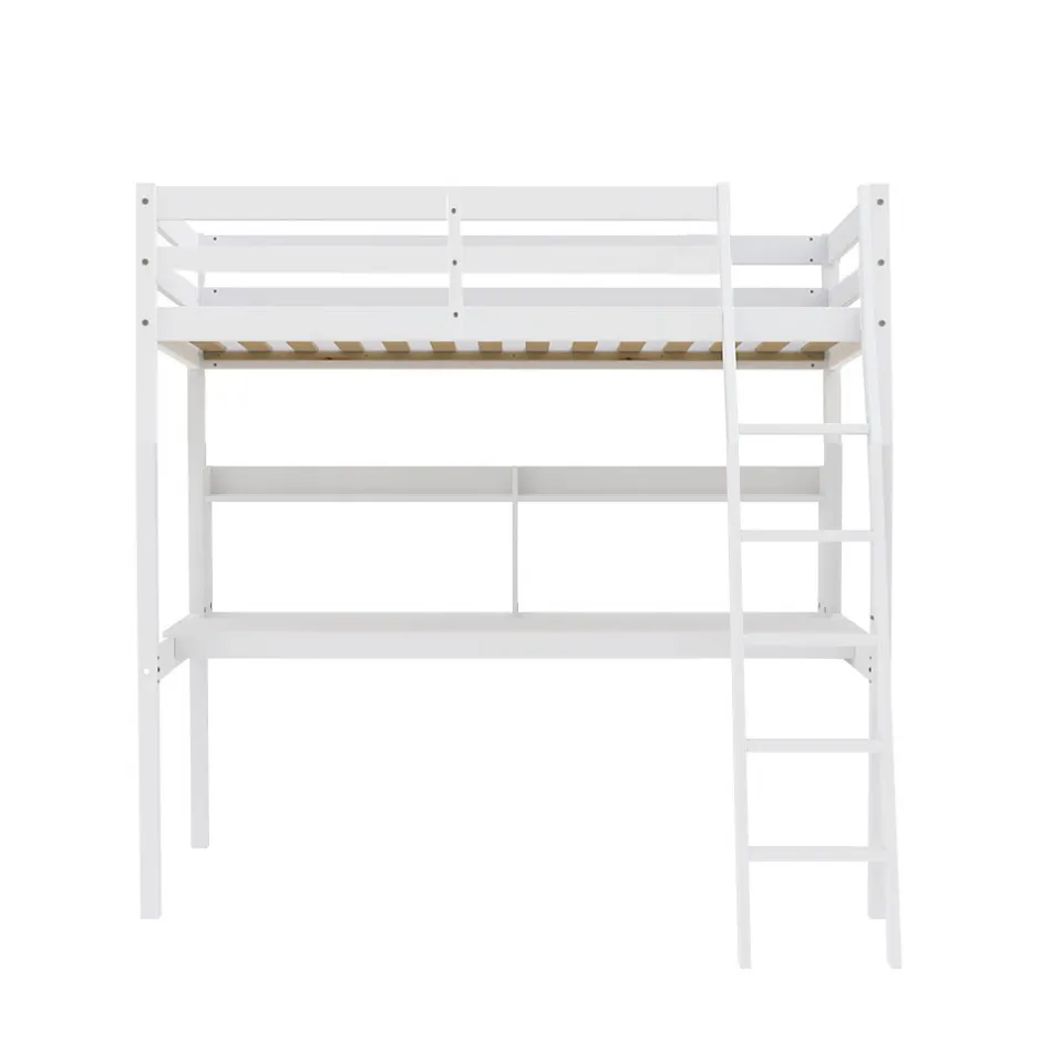 Bb Loisir Lit Mezzanine 90x190cm blanc SALA avec Bureau et étagères incl. Sommier et échelle