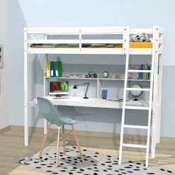 Bb Loisir Lit Mezzanine 90x190cm blanc SALA avec Bureau et étagères incl. Sommier et échelle