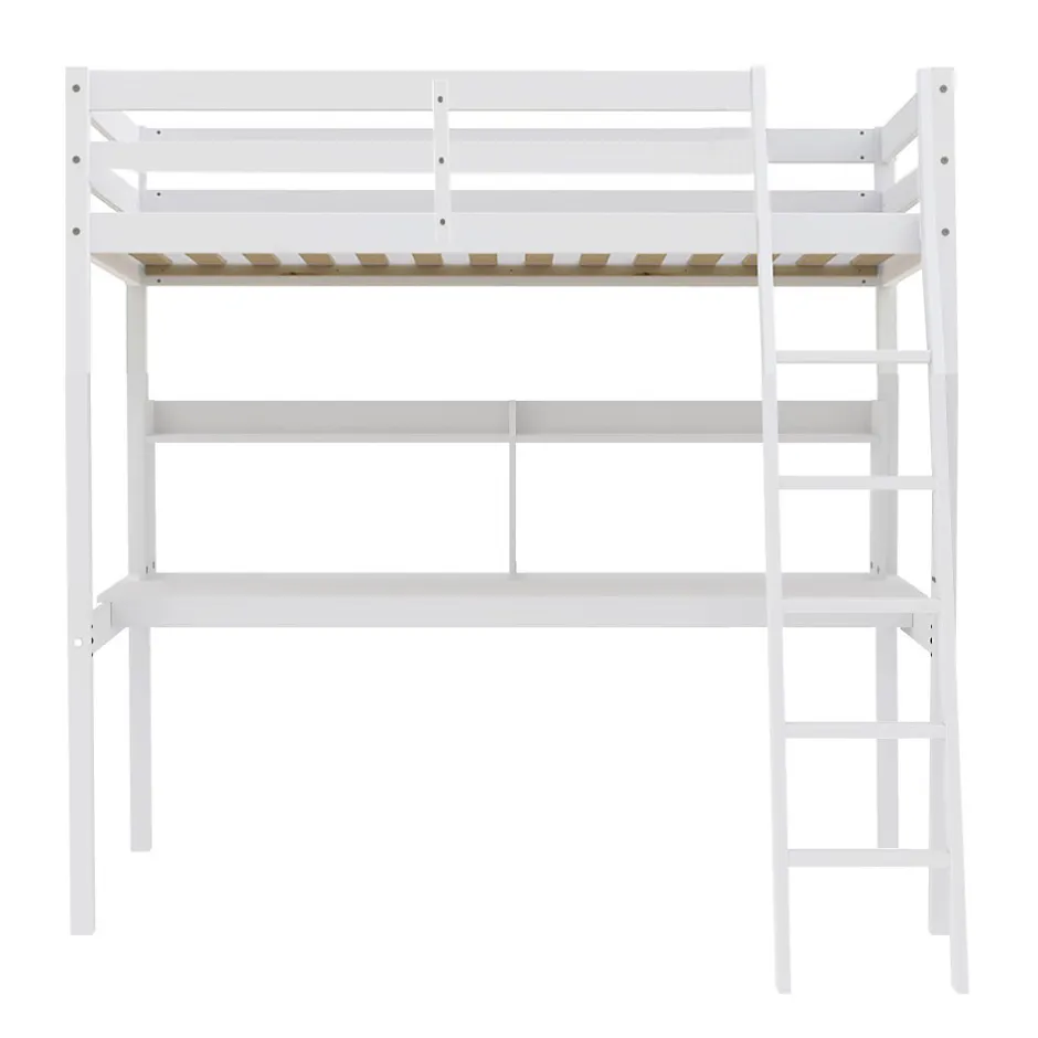 Bb Loisir Lit Mezzanine 140x190cm blanc SALA avec Bureau et étagères incl. Sommier et échelle
