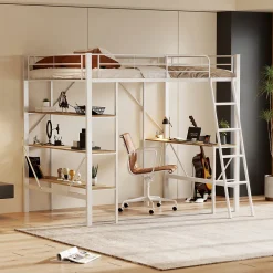 Enfant ProximaX Lit mezzanine 90x200cm, cadre en métal, lit surélevé avec échelle, bureau et 3 grandes étagères pour enfants, adolescents, blanc