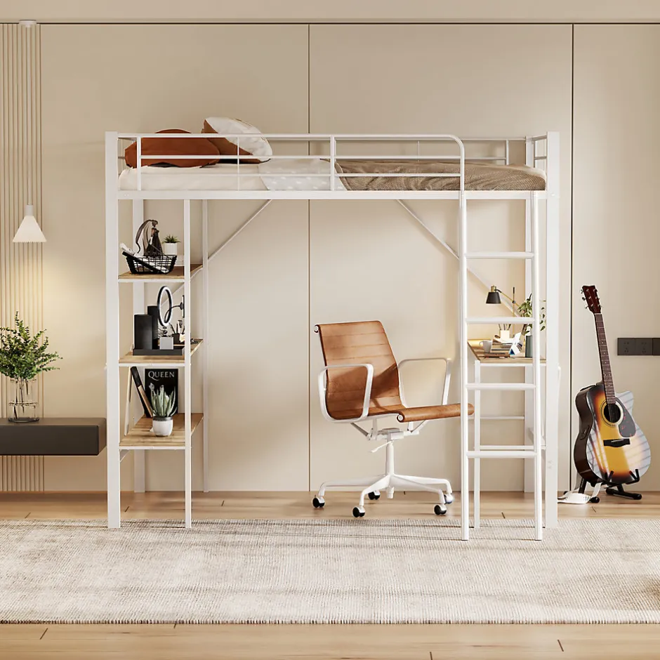 Enfant ProximaX Lit mezzanine 90x200cm, cadre en métal, lit surélevé avec échelle, bureau et 3 grandes étagères pour enfants, adolescents, blanc