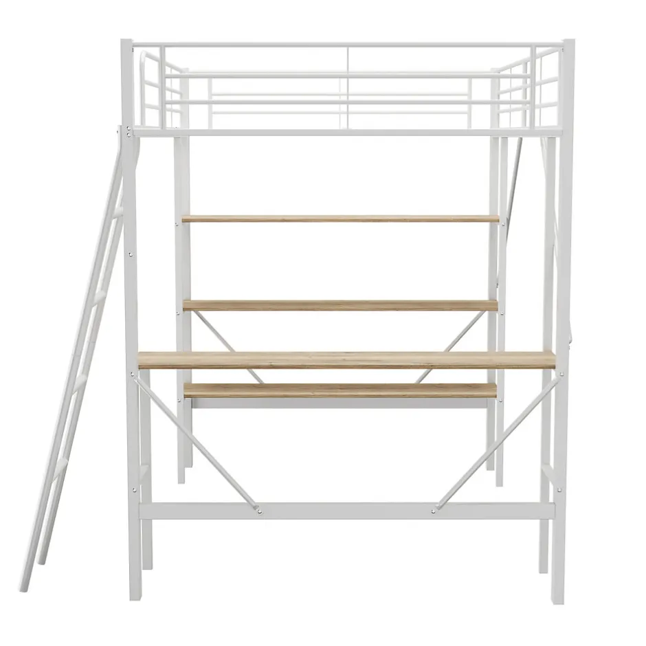 Enfant ProximaX Lit mezzanine 90x200cm, cadre en métal, lit surélevé avec échelle, bureau et 3 grandes étagères pour enfants, adolescents, blanc