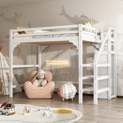 Enfant ProximaX Lit mezzanine 140x200cm, lit d'enfant avec sommier à lattes, escalier avec armoire de rangement, anti-chute, blanc