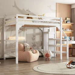 Enfant ProximaX Lit mezzanine 140x200cm, lit d'enfant avec sommier à lattes, escalier avec armoire de rangement, anti-chute, blanc