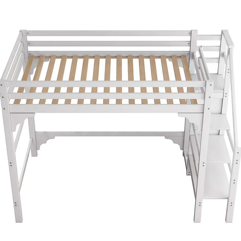 Enfant ProximaX Lit mezzanine 140x200cm, lit d'enfant avec sommier à lattes, escalier avec armoire de rangement, anti-chute, blanc