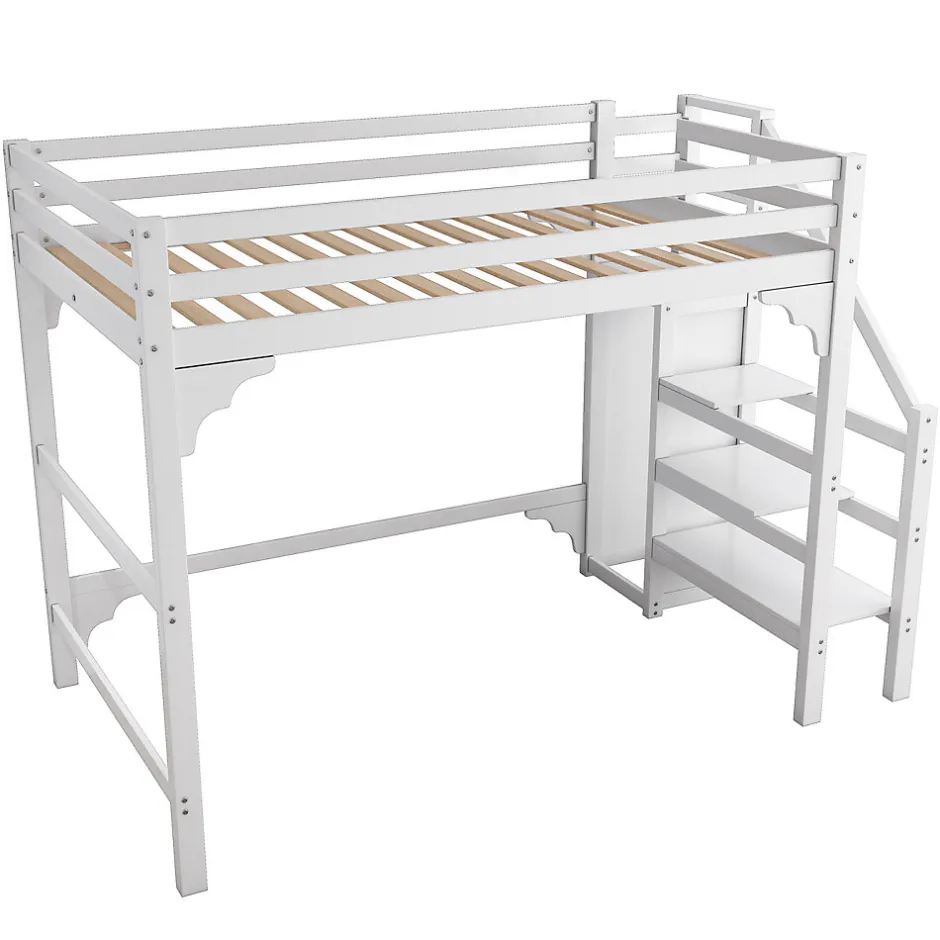 Enfant ProximaX Lit mezzanine 140x200cm, lit d'enfant avec sommier à lattes, escalier avec armoire de rangement, anti-chute, blanc