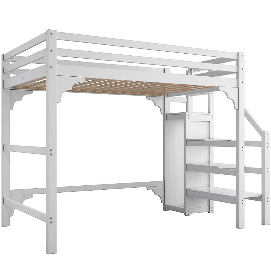 Enfant ProximaX Lit mezzanine 140x200cm, lit d'enfant avec sommier à lattes, escalier avec armoire de rangement, anti-chute, blanc