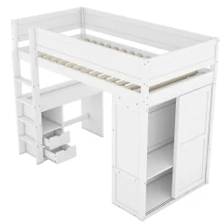 ProximaX Lit mezzanine 90x200cm, lit enfant polyvalent, équipé d'armoire, bureau et tiroirs, échelle, sommier à lattes, pin, blanc Hot