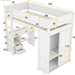 ProximaX Lit mezzanine 90x200cm, lit enfant polyvalent, équipé d'armoire, bureau et tiroirs, échelle, sommier à lattes, pin, blanc Hot