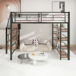 Enfant ProximaX Lit mezzanine 140x200cm, lit enfant avec échelles et étagères de rangement et petite penderie, design haute clôture, noir