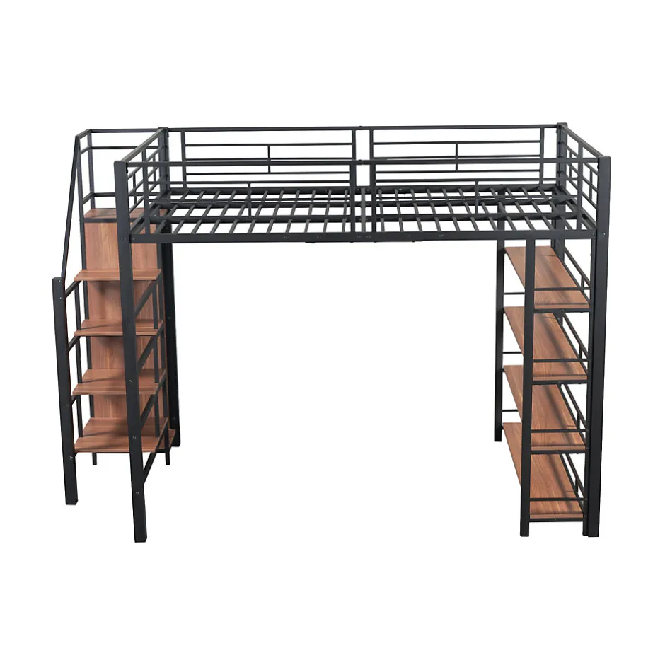 Enfant ProximaX Lit mezzanine 140x200cm, lit enfant avec échelles et étagères de rangement et petite penderie, design haute clôture, noir