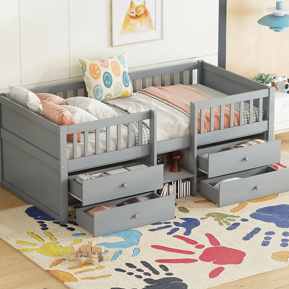 Enfant Fortuna lai Lit Mi-Haut 90x200cm, 4 Tiroirs, Échelle, Pin, Sans Matelas, Style Minimaliste, Gris