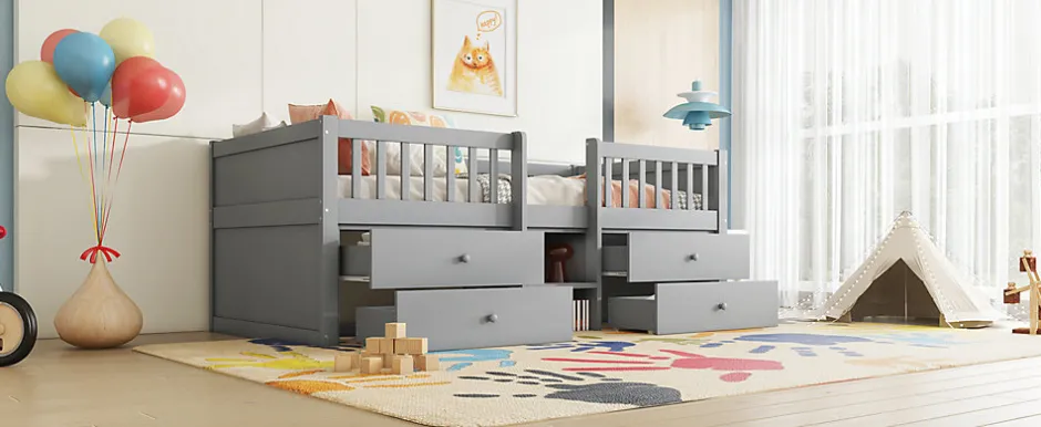 Enfant Fortuna lai Lit Mi-Haut 90x200cm, 4 Tiroirs, Échelle, Pin, Sans Matelas, Style Minimaliste, Gris