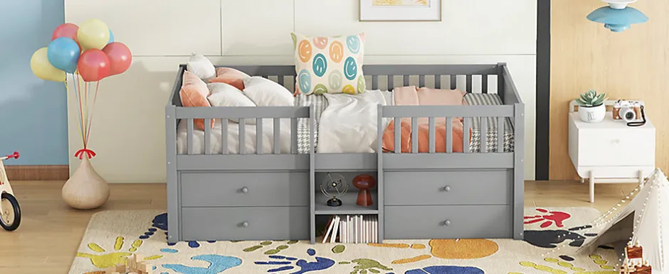 Enfant Fortuna lai Lit Mi-Haut 90x200cm, 4 Tiroirs, Échelle, Pin, Sans Matelas, Style Minimaliste, Gris