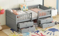 Enfant Fortuna lai Lit Mi-Haut 90x200cm, 4 Tiroirs, Échelle, Pin, Sans Matelas, Style Minimaliste, Gris