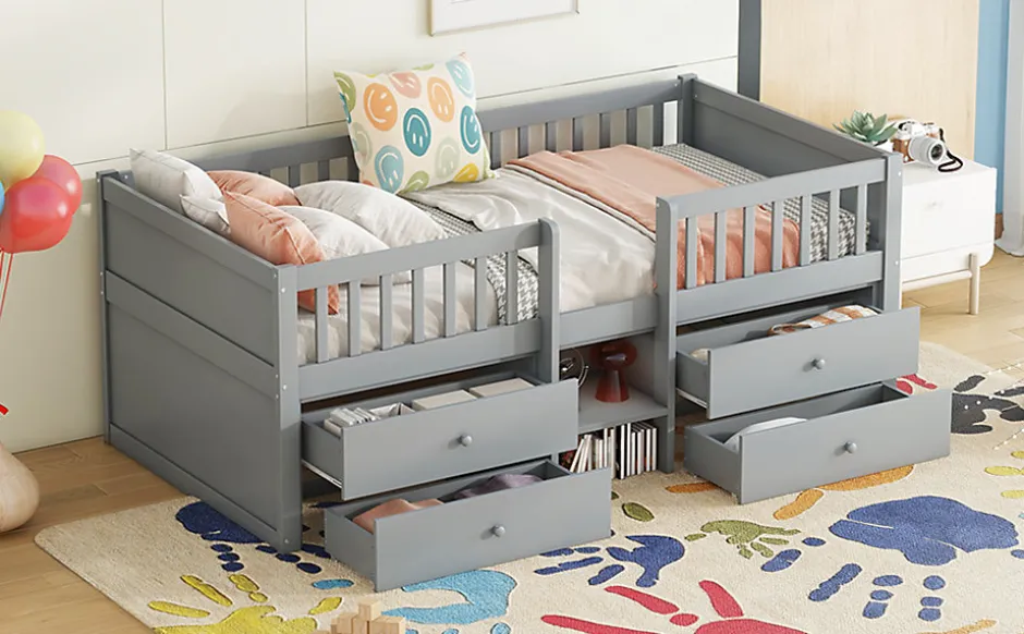Enfant Fortuna lai Lit Mi-Haut 90x200cm, 4 Tiroirs, Échelle, Pin, Sans Matelas, Style Minimaliste, Gris