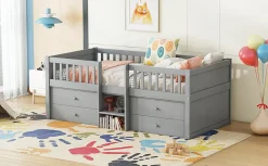 Enfant Fortuna lai Lit Mi-Haut 90x200cm, 4 Tiroirs, Échelle, Pin, Sans Matelas, Style Minimaliste, Gris