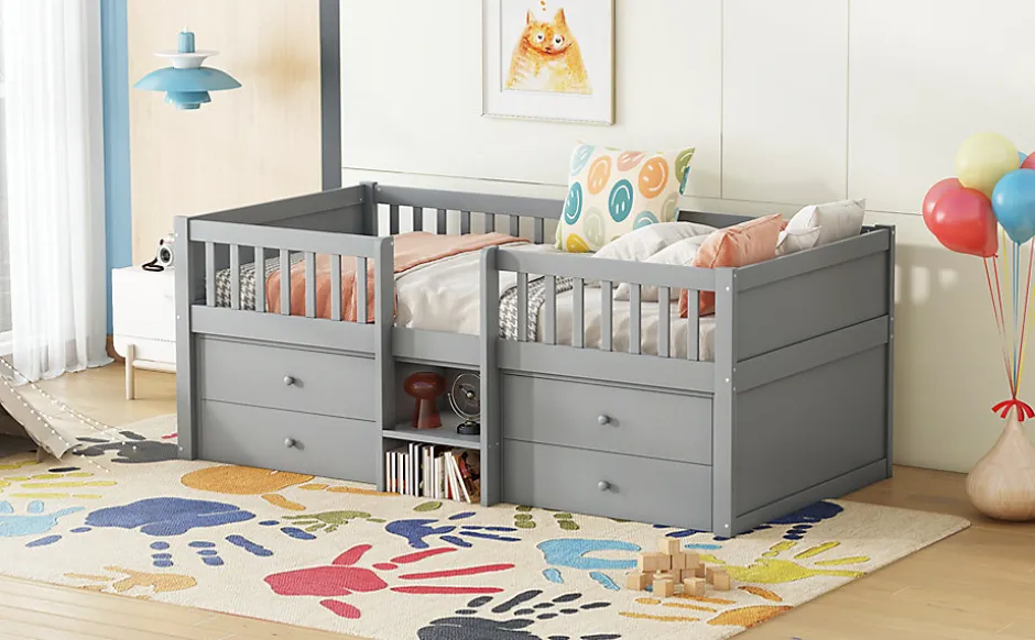 Enfant Fortuna lai Lit Mi-Haut 90x200cm, 4 Tiroirs, Échelle, Pin, Sans Matelas, Style Minimaliste, Gris