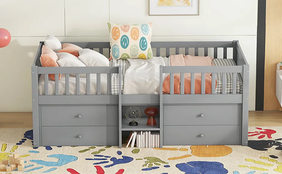 Enfant Fortuna lai Lit Mi-Haut 90x200cm, 4 Tiroirs, Échelle, Pin, Sans Matelas, Style Minimaliste, Gris