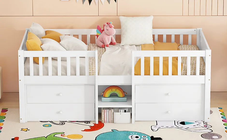 Enfant Fortuna lai Lit Mi-Haut 90x200cm, 4 Tiroirs, Échelle, Pin, Sans Matelas, Style Minimaliste, Blanc