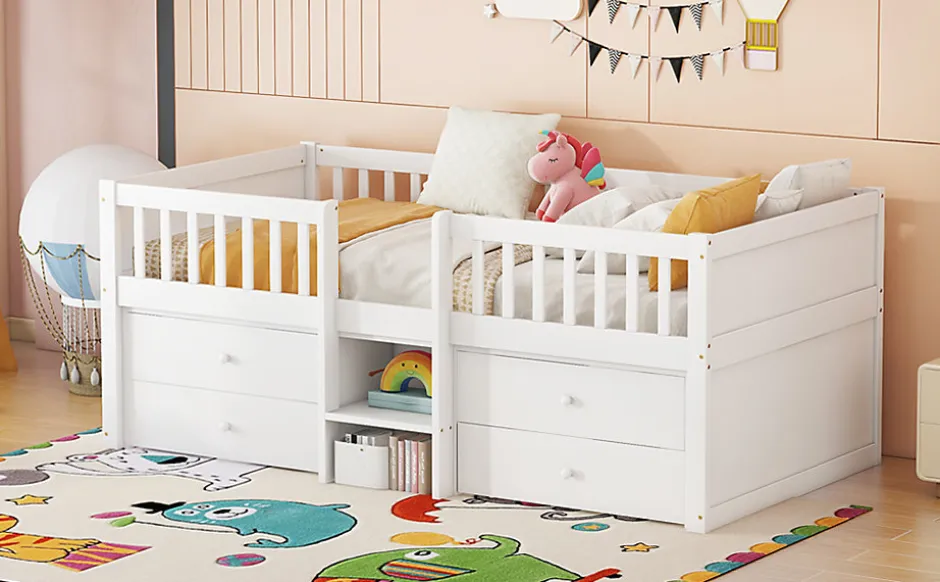 Enfant Fortuna lai Lit Mi-Haut 90x200cm, 4 Tiroirs, Échelle, Pin, Sans Matelas, Style Minimaliste, Blanc