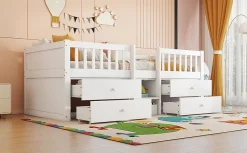 Enfant Fortuna lai Lit Mi-Haut 90x200cm, 4 Tiroirs, Échelle, Pin, Sans Matelas, Style Minimaliste, Blanc