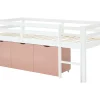 Vente-unique Lit mi-hauteur 90 x 190 cm avec rangement - Pin et MDF - Blanc et rose - LANIORI Online