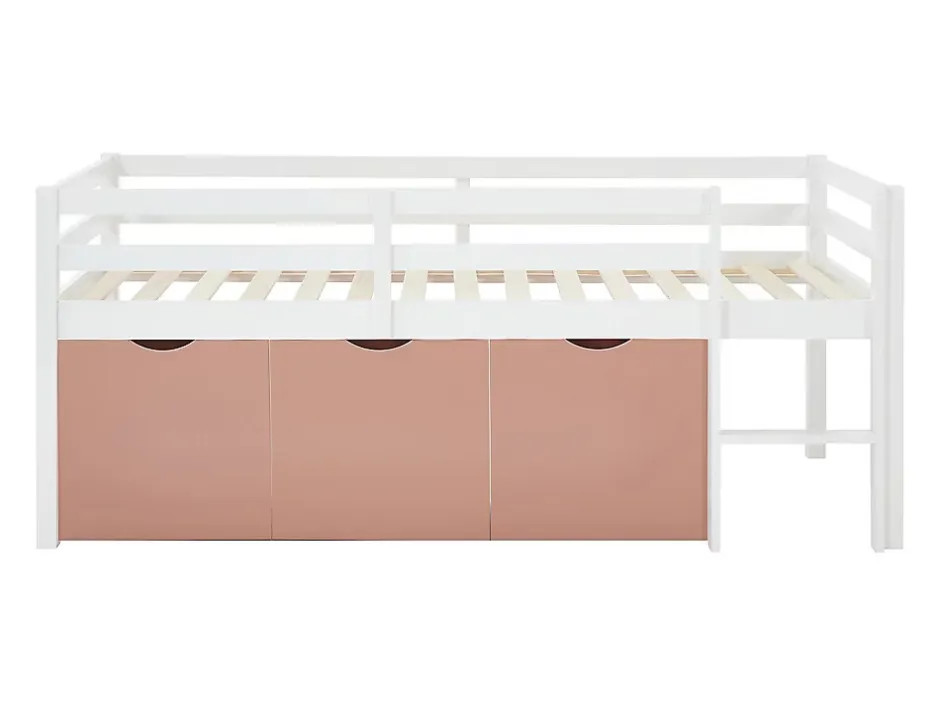 Vente-unique Lit mi-hauteur 90 x 190 cm avec rangement - Pin et MDF - Blanc et rose - LANIORI Online