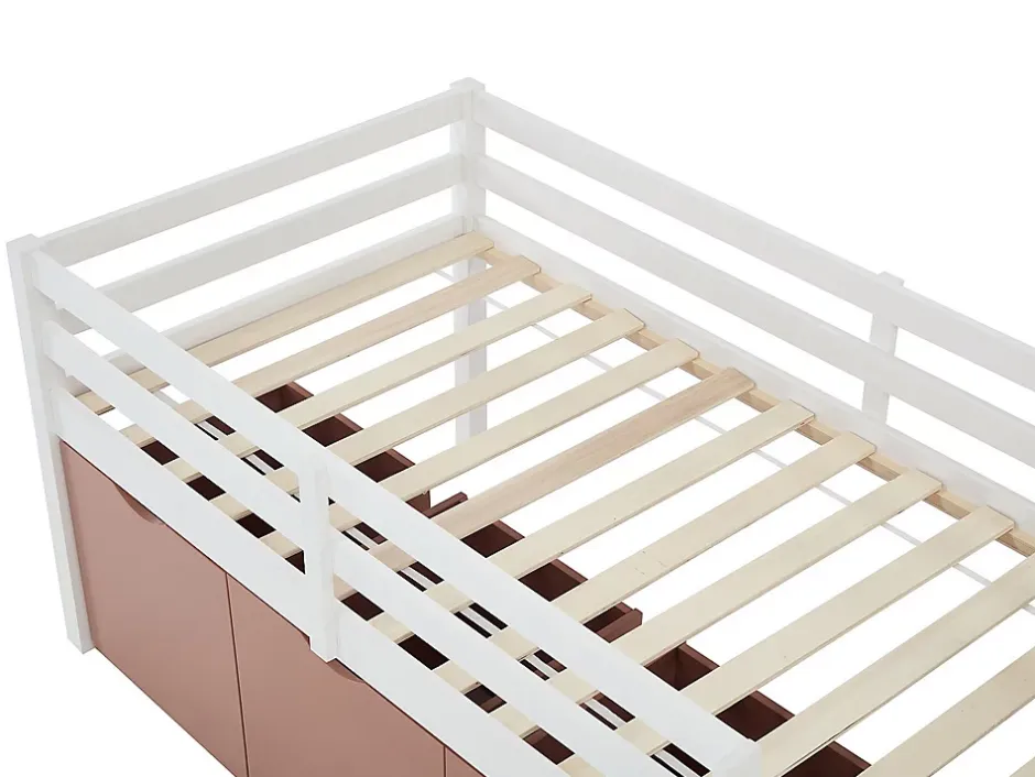 Vente-unique Lit mi-hauteur 90 x 190 cm avec rangement - Pin et MDF - Blanc et rose - LANIORI Online