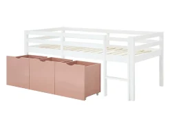 Vente-unique Lit mi-hauteur 90 x 190 cm avec rangement - Pin et MDF - Blanc et rose - LANIORI Online