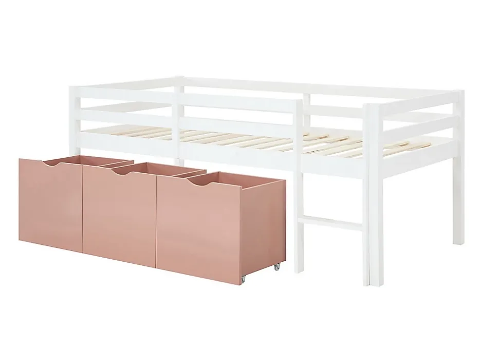 Vente-unique Lit mi-hauteur 90 x 190 cm avec rangement - Pin et MDF - Blanc et rose - LANIORI Online