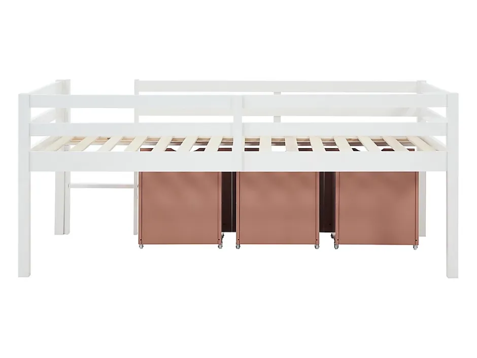 Vente-unique Lit mi-hauteur 90 x 190 cm avec rangement - Pin et MDF - Blanc et rose - LANIORI Online