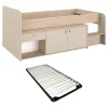Vente-unique Lit mi-hauteur 90 x 190/200 cm avec rangements - Beige et naturel + Sommier - LUNOBI Sale