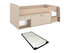 Vente-unique Lit mi-hauteur 90 x 190/200 cm avec rangements - Beige et naturel + Sommier - LUNOBI Sale