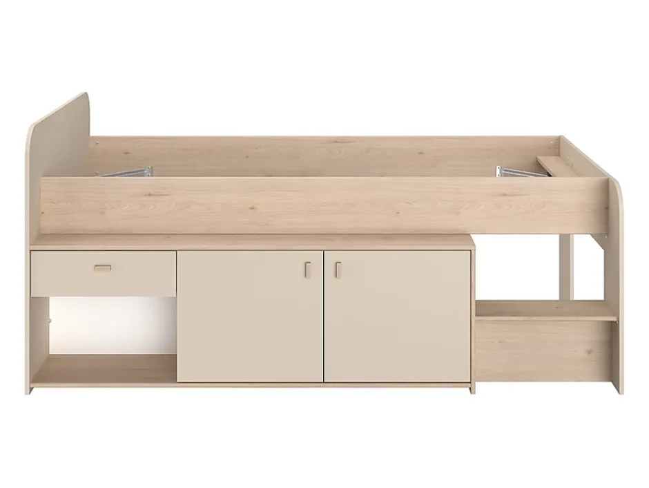 Vente-unique Lit mi-hauteur 90 x 190/200 cm avec rangements - Beige et naturel + Sommier - LUNOBI Sale