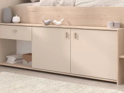 Vente-unique Lit mi-hauteur 90 x 190/200 cm avec rangements - Beige et naturel + Sommier - LUNOBI Sale