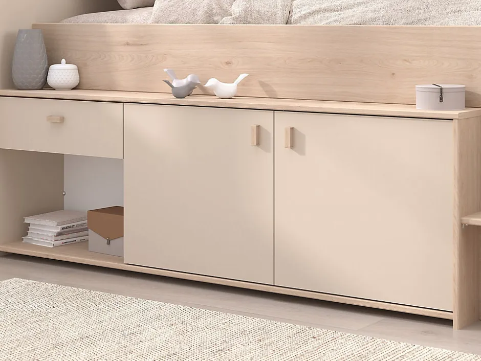 Vente-unique Lit mi-hauteur 90 x 190/200 cm avec rangements - Beige et naturel + Sommier - LUNOBI Sale